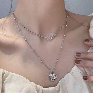 Heart & Hoop Pendant Layered Alloy Necklace Silver - One Size