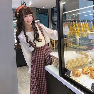 Lace Trim Chiffon Blouse / Plaid Midi Jumper Dress