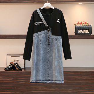 Long-sleeve Lettering Denim Panel T-shirt Dress