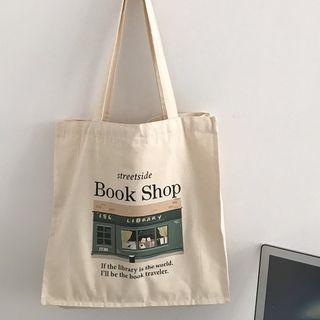 Print Canvas Tote Bag Black Lettering - Beige - One Size
