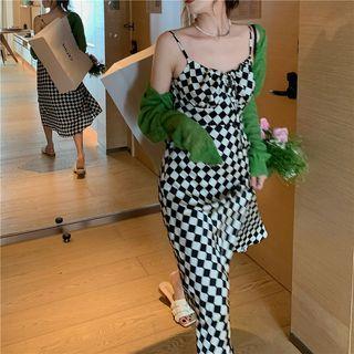 Cropped Cardigan / Spaghetti Strap Pattern Dress