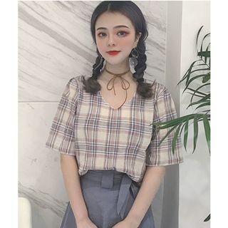 Set: Plaid V-neck Short-sleeve Top + Midi Skirt
