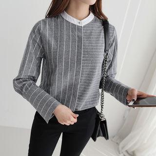 Mandarin-collar Wide-cuff Stripe Shirt