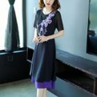 Short-sleeve Embroidered Mock Two-piece Chiffon Dress
