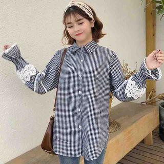 Plaid Lace Panel Long-sleeve Blouse