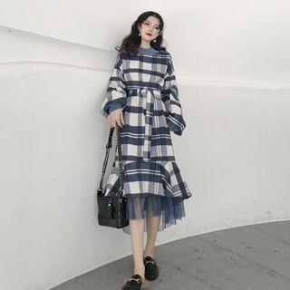 Plaid Mesh Panel Woolen Maxi Dress