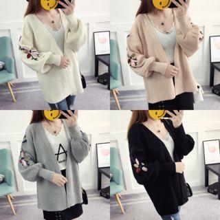 Embroidered Lantern-sleeve Cardigan