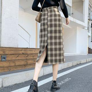 Slit-back Plaid Midi Pencil Skirt