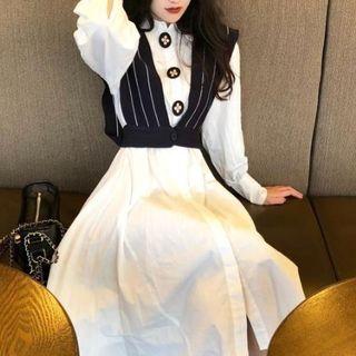 Button Detail Shirt Dress / Striped Vest