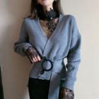 Long-sleeve Lace Top / Double-breasted Cardigan With Belt