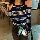 Long-sleeve Striped Knit Top Stripe - Blue & White - One Size