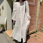 Puff-sleeve Plain Single Breasted Loose Fit Dress White - One Size