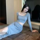 Round-neck Button-up Long Sleeve Crop Top / High Waist Button-up Split Maxi Dress