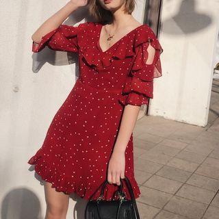 Elbow-sleeve Dotted Cutout Mini A-line Dress