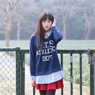 Lettering Mock Two-piece Striped Shirt
