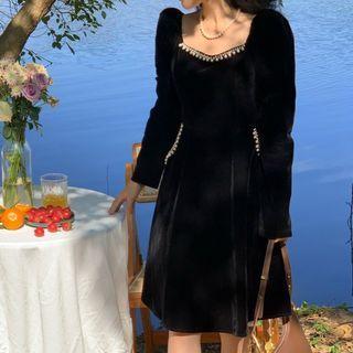 Long-sleeve Beaded Velvet A-line Dress (various Designs)