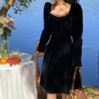 Long-sleeve Beaded Velvet A-line Dress (various Designs)