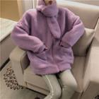 Stand Collar Faux Shearling Zip Jacket With Scarf