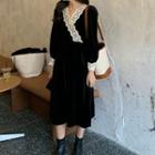 Long-sleeve Lace Panel Midi A-line Velvet Dress Black - One Size