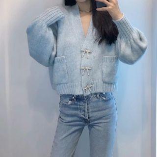 Rhinestone Bow V-neck Cardigan