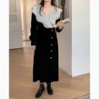 Long-sleeve Ruffle Trim Slit Velvet Midi A-line Dress Black - One Size