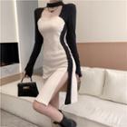 Long-sleeve Two-tone Square-neck Slit Sheath Dress