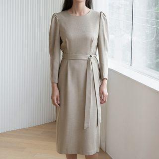 Pleated Checked Long Dress With Sash