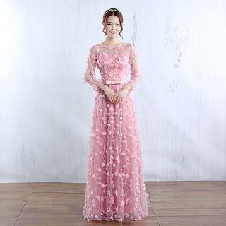 Embellished Long-sleeve A-line Evening Gown