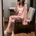 Set: Single-button Blazer + High Waist Straight-cut Pants