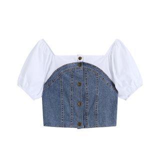 Puff-sleeve Denim Panel Cropped Blouse