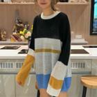 Color Block Long Sleeve Top As Shown In Figure - One Size