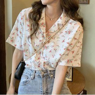 Short-sleeve Floral Loose Fit Chiffon Shirt