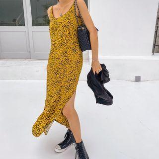 Spaghetti-strap Slit-side Maxi Leopard Dress