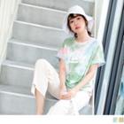 Short-sleeve Tie-dyed Lettering Round Neck Top