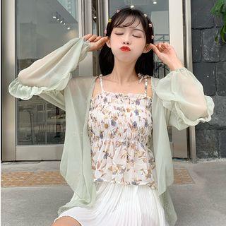 Flower Print Camisole Top / Open Front Light Jacket