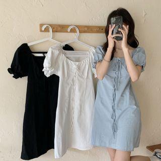 Plain Drawstring Puff-sleeve Dress