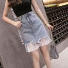 Lace Paneled A-line Mini Denim Skirt