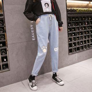 Cat Print Drawstring-waist Straight-cut Cropped Jeans