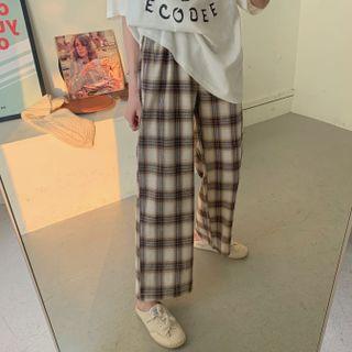 Plaid Wide-leg Pants Plaid - Blue & Coffee & White - One Size