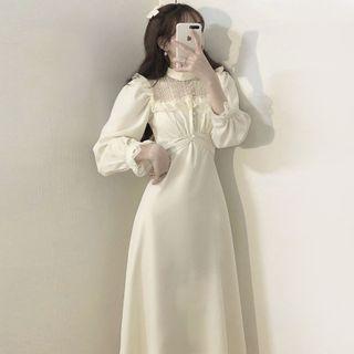Long-sleeve Lace Panel Midi A-line Dress Almond White - One Size