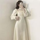 Long-sleeve Lace Panel Midi A-line Dress Almond White - One Size