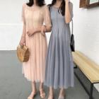 Set: Plain Slipdress + Mesh Short-sleeve Midi Dress