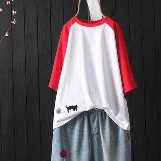 Cat Embroidered Raglan Elbow Sleeve T-shirt