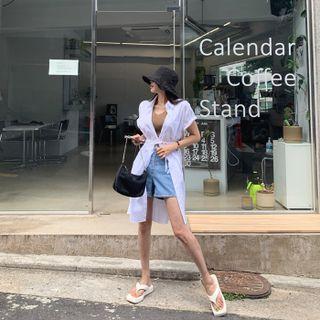 Short-sleeve Long Shirt With Sash
