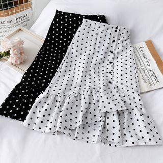 Asymmetric Ruffled-trim Dotted Midi Skirt
