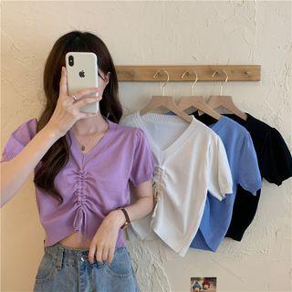 V-neck Drawstring Knit Crop Top