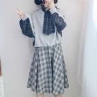 Plaid Panel Pullover / Bow-accent Long-sleeve Blouse / Plaid Midi A-line Skirt