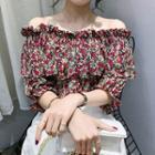Off-shoulder Short-sleeve Floral Ruffled Trim Blouse