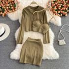 Set: Round Neck Cardigan + Skirt + Chain Strap Camisole
