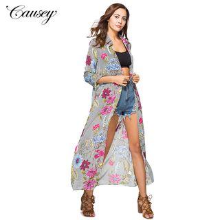 Floral Print Long-sleeve Chiffon Shirtdress